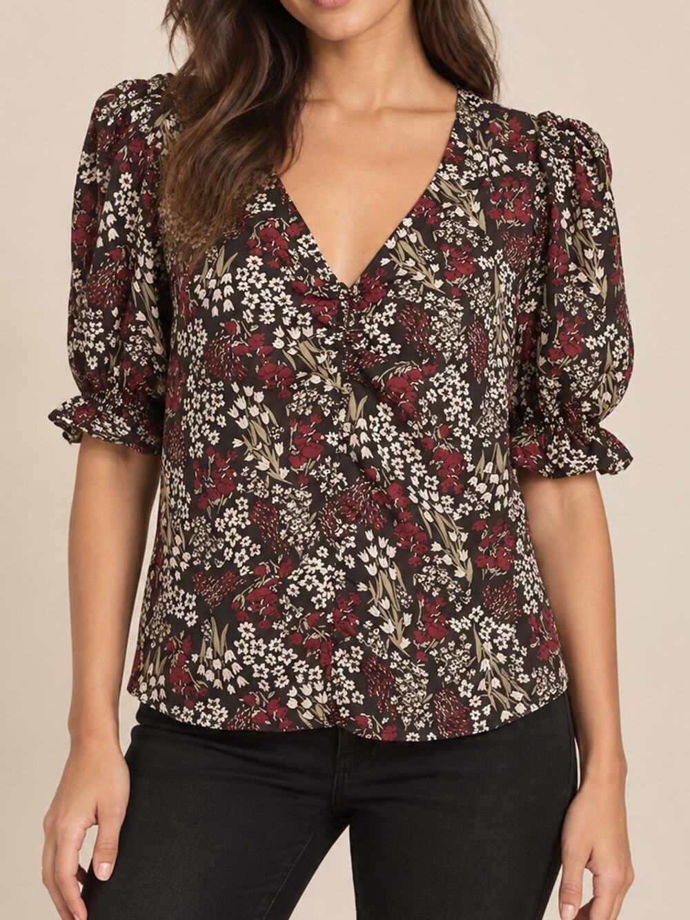 Joie Anevy Burgundy Floral Puff Sleeve V Neck Blouse XS